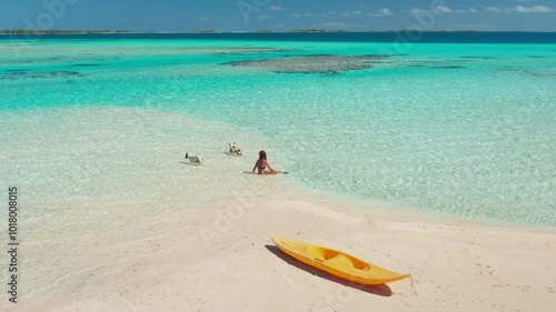 Woman enjoying a sunny day on a maldives sandbank with her dogs, ready for a kayak adventure on turquoise waters. Aerial view of a tropical paradise evoking relaxation, freedom, and wanderlust