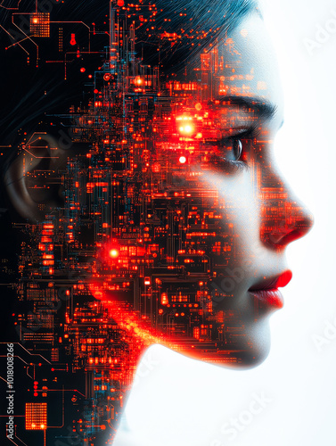 A digital portrait featuring a futuristic fusion of circuitry and human elements, showcasing vibrant glowing orange details.