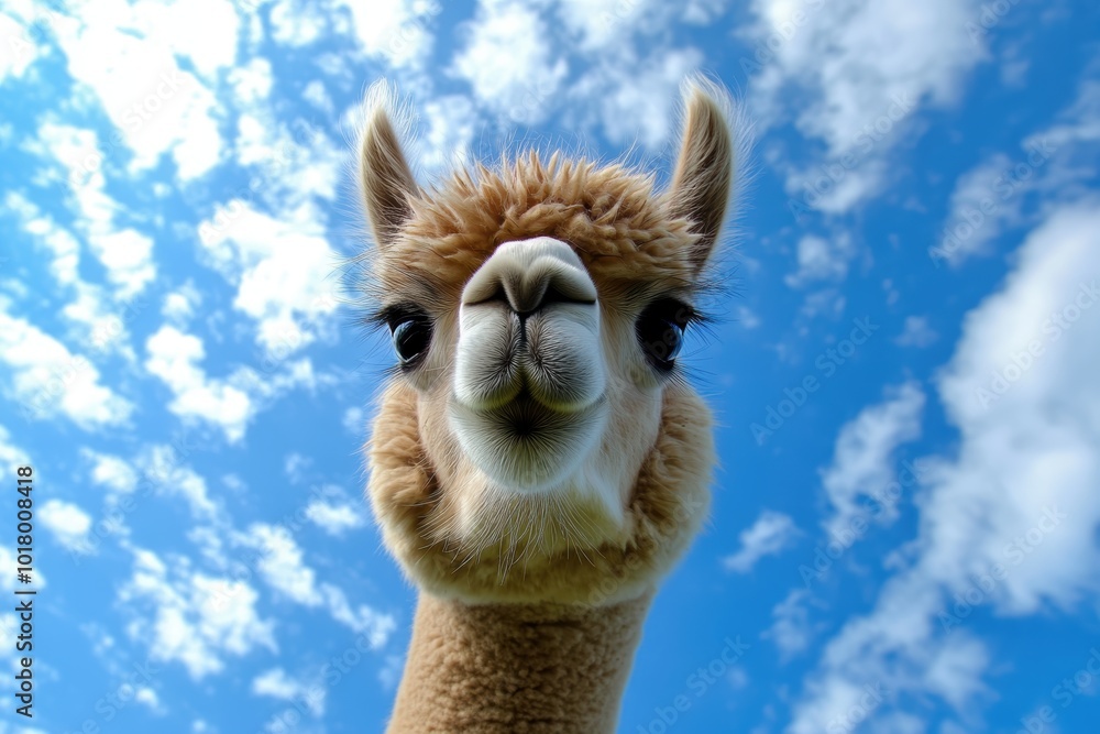 Obraz premium Close-up of curious alpaca blue sky