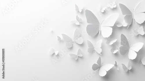 White background with white butterflies on the right side, paper cut style