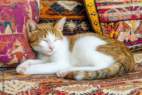 Cozy cat napping on colorful woven rug photo