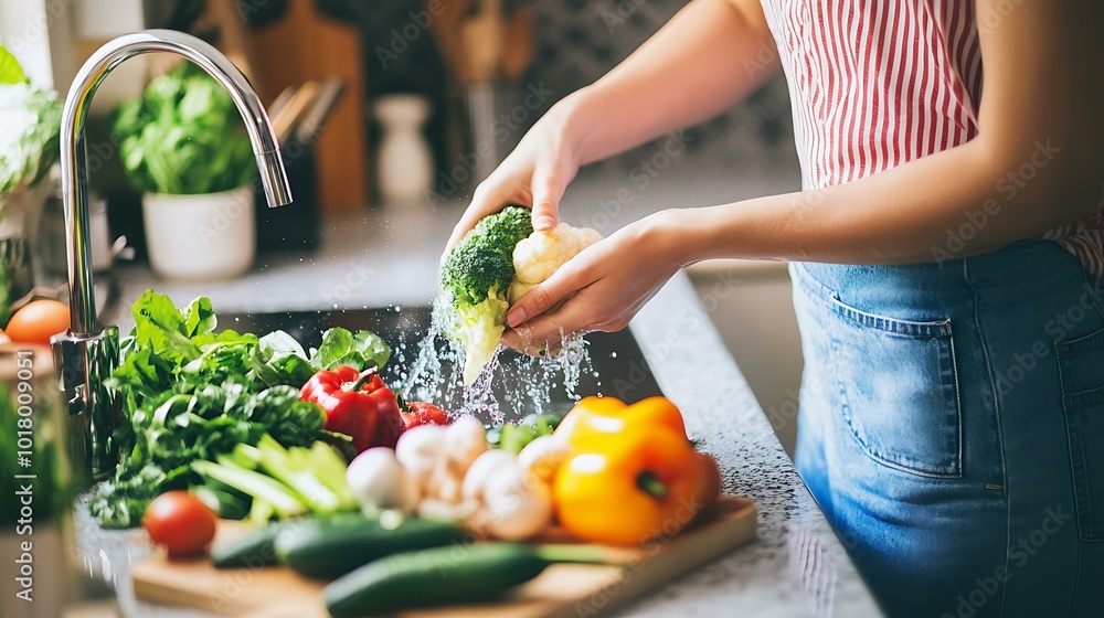 A healthy young woman rinsing fresh vegetables under running water at a kitchen sink, preparing ingredients for a nutritious meal A healthy young woman rinsing fresh vegetables under running water at a kitchen sink, preparing ingredients for a nutritious meal
