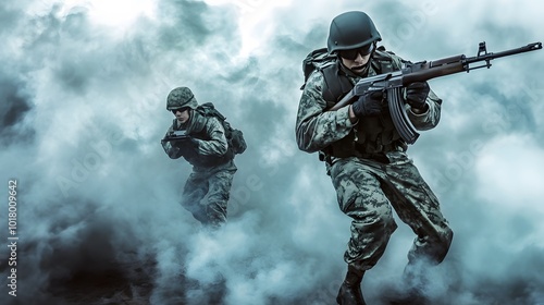 Two soldiers in camouflage gear advance through a smoke-filled battlefield.