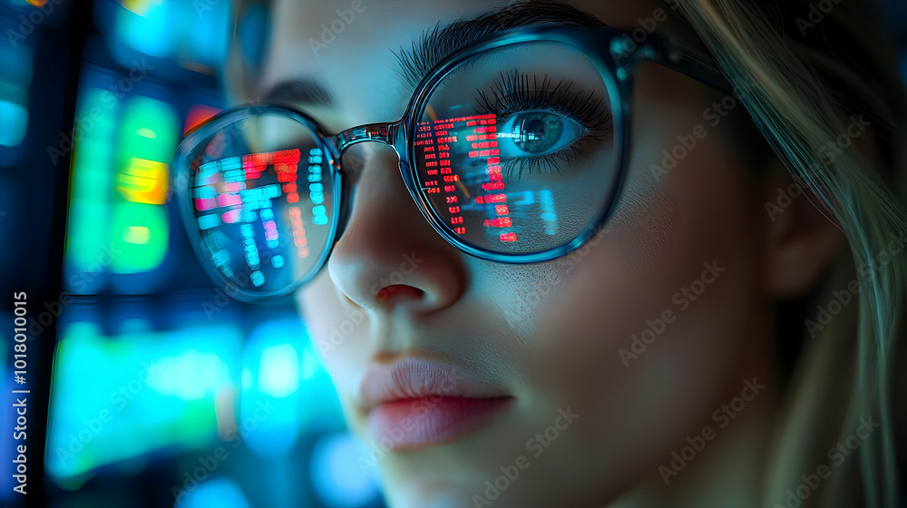 Close-up of a person with glasses reflecting digital data. Close-up of a person with glasses reflecting digital data.