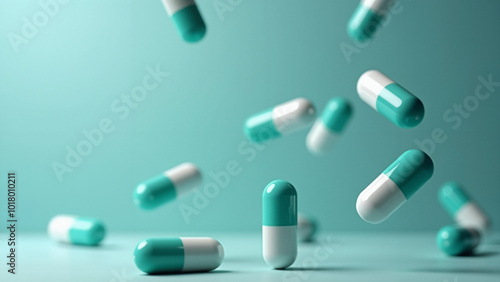 Dynamic Turquoise and White Capsules Falling on Light Blue Background: Health Supplement Marketing