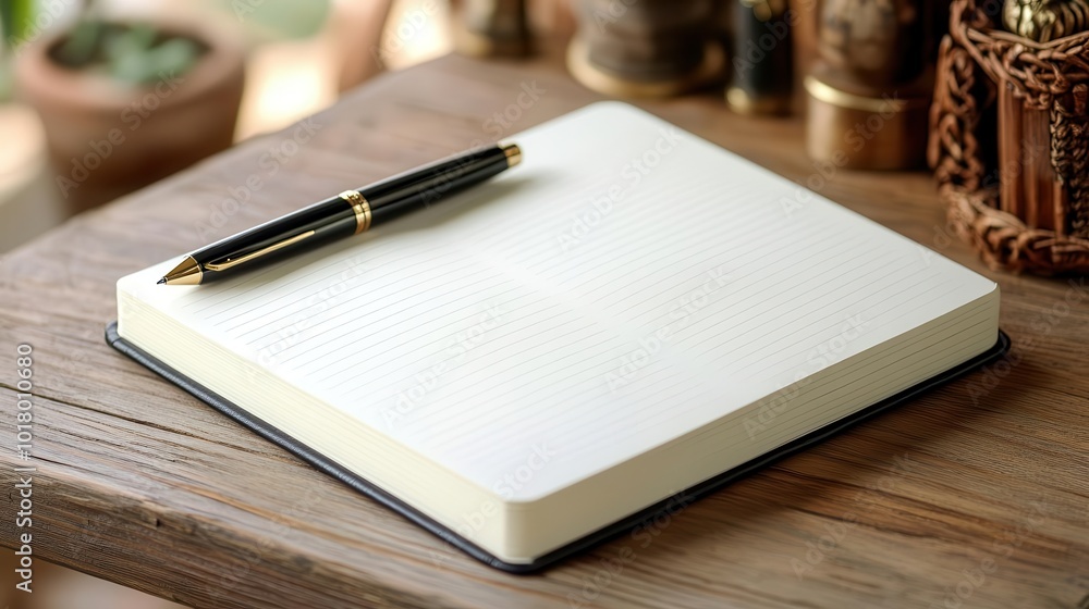 A sleek, blank notebook rests on a wooden table, accompanied by a stylish pen, perfect for jotting down notes or creative ideas. A sleek, blank notebook rests on a wooden table, accompanied by a stylish pen, perfect for jotting down notes or creative ideas.