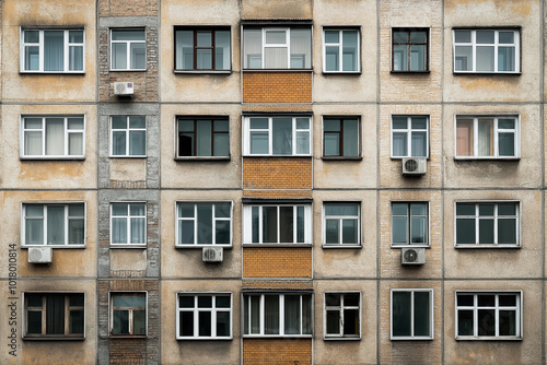 Facade of an old apartment building with multiple windows and air conditioning units. The building shows weathering and varying window styles.