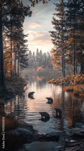 A serene river scene with bears fishing amidst autumn foliage and tranquil waters.