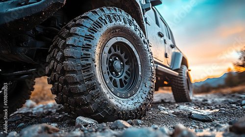 Close-up of an off-road tire on rugged terrain at sunset.