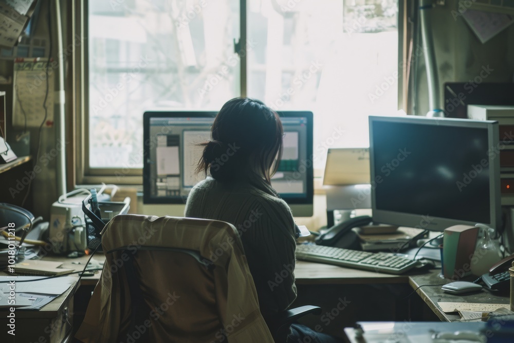 A woman works alone with computers in a home office, suggestive of remote work and focused productivity. A woman works alone with computers in a home office, suggestive of remote work and focused productivity.