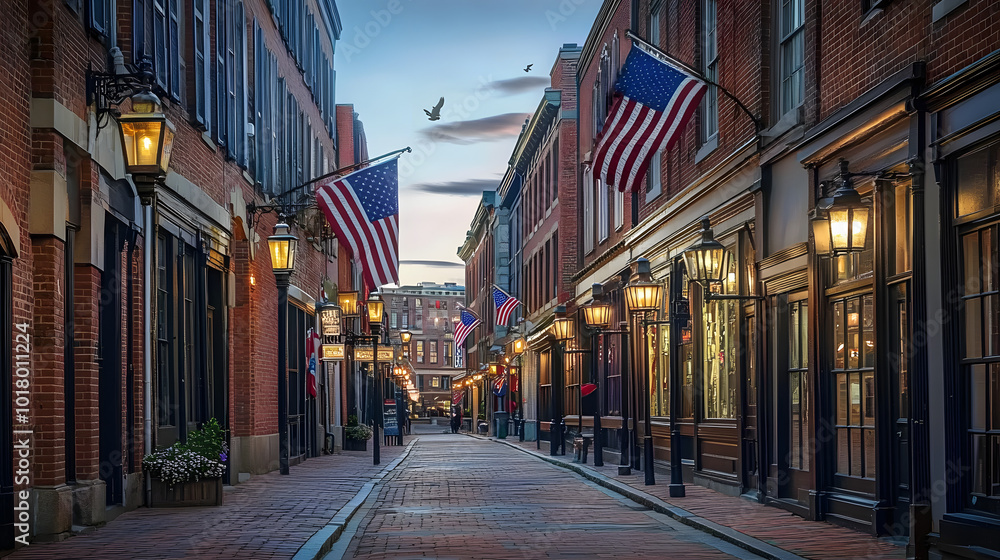 Fototapeta premium Historic Boston Street with Brick Buildings, Old-Fashioned Lamps, and American Flags