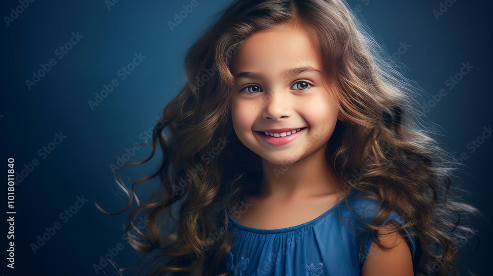 Portrait of smiling latin american girl child blue background. Portrait of smiling latin american girl child blue background.