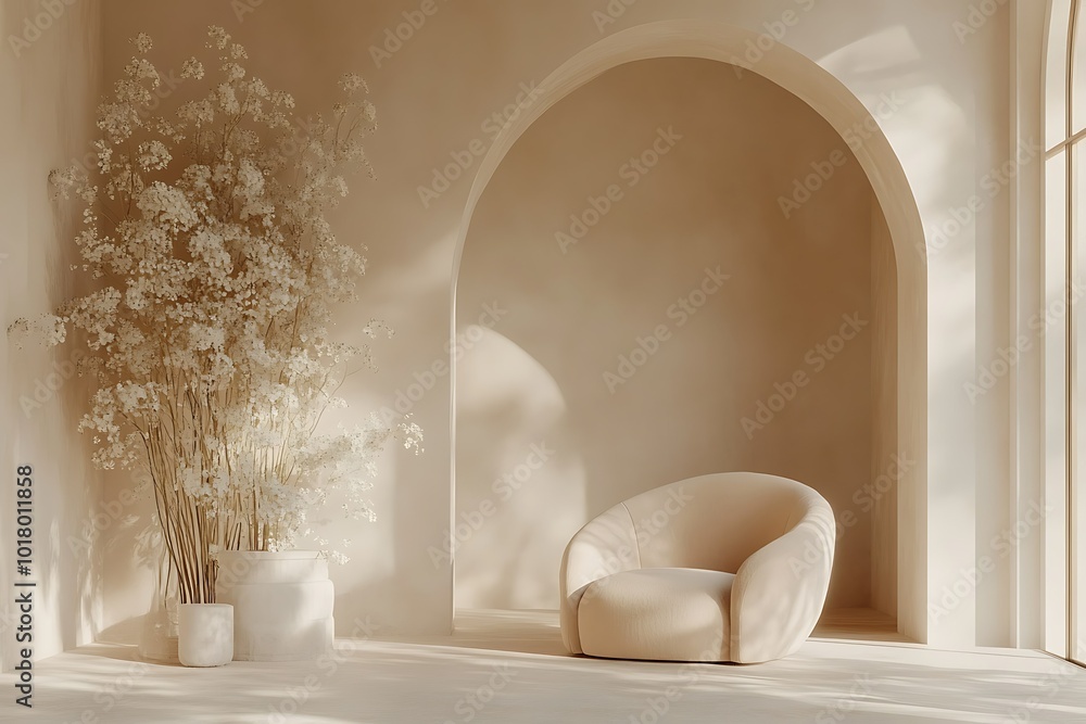 Fototapeta premium Soft-toned interior with a cozy chair and plants.