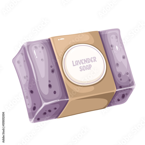 Homemade cartoon lavender soap. Purple herbal natural bar with craft paper wrap and Lavender soap text on label. Hygiene, body care and spa mascot, cartoon cosmetic product vector illustration