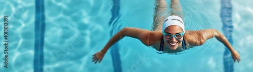 A smiling swimmer glides through clear blue water, showcasing joy and athleticism in an outdoor pool environment.