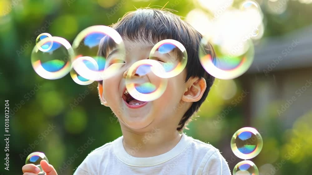 A young boy laughs joyfully as colorful bubbles float around him on a sunny day A young boy laughs joyfully as colorful bubbles float around him on a sunny day