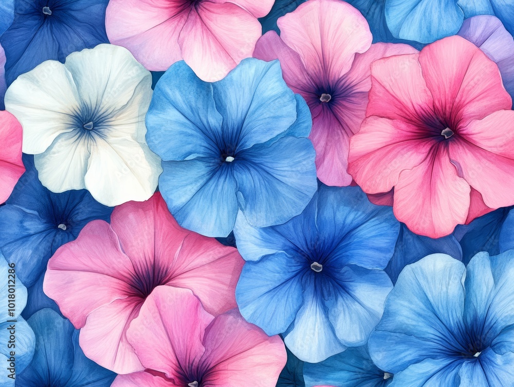 Seamless pattern of vibrant and colorful petunias in shades of blue and pink, ideal for backgrounds and floral designs. Seamless pattern of vibrant and colorful petunias in shades of blue and pink, ideal for backgrounds and floral designs.