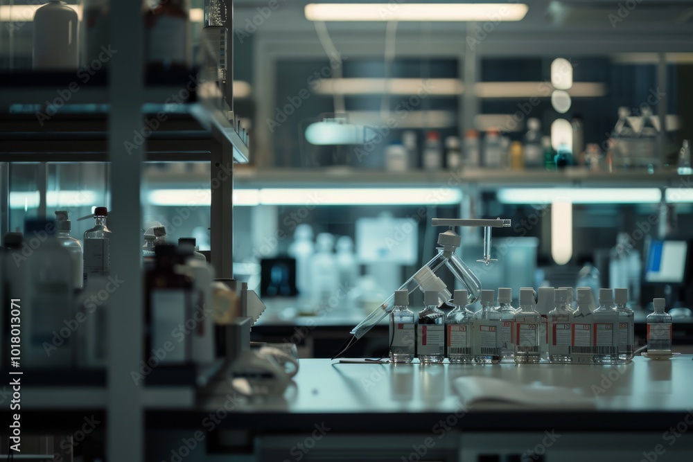 A dimly lit laboratory with rows of glassware and scientific equipment on reflective surfaces, evoking a mood of discovery and experimentation. A dimly lit laboratory with rows of glassware and scientific equipment on reflective surfaces, evoking a mood of discovery and experimentation.