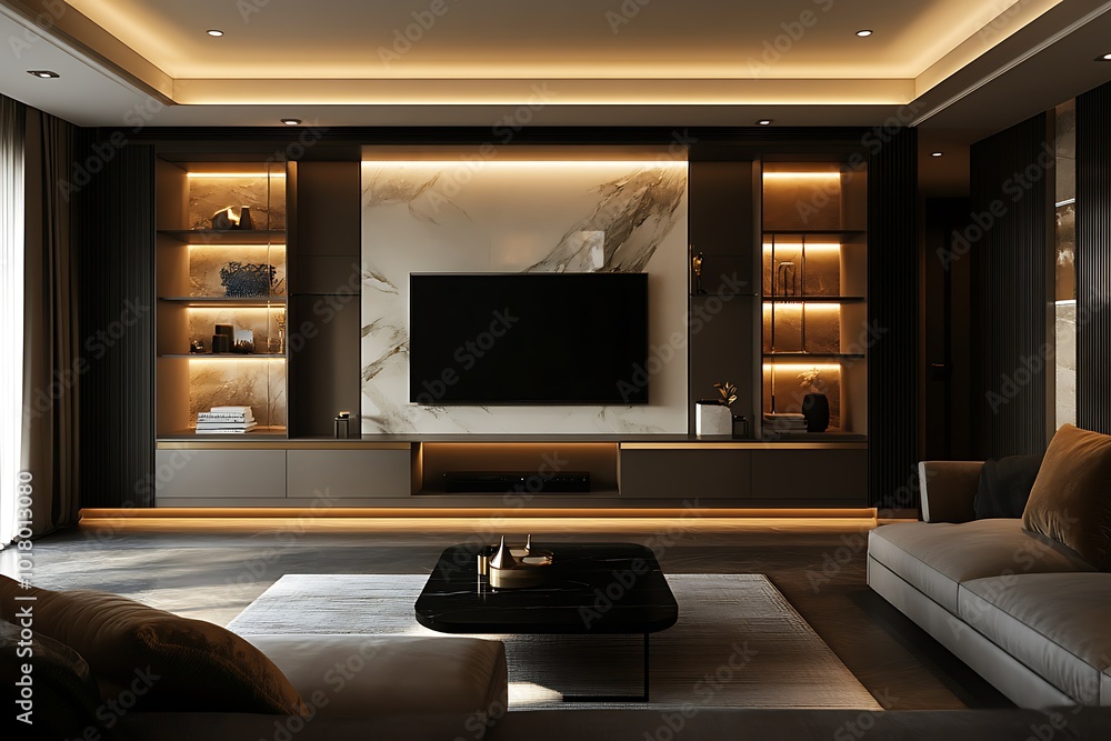 Modern living room with elegant lighting and decor. Modern living room with elegant lighting and decor.