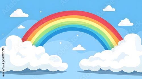 A rainbow arching across the sky, with white clouds in front of it