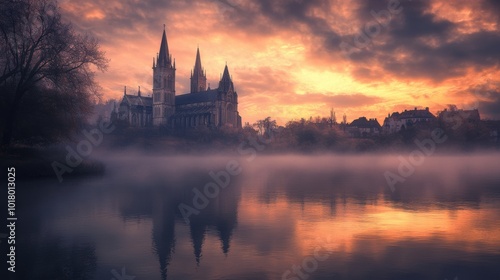 Wallpaper Mural A serene landscape featuring a castle by a misty lake at sunset. Torontodigital.ca