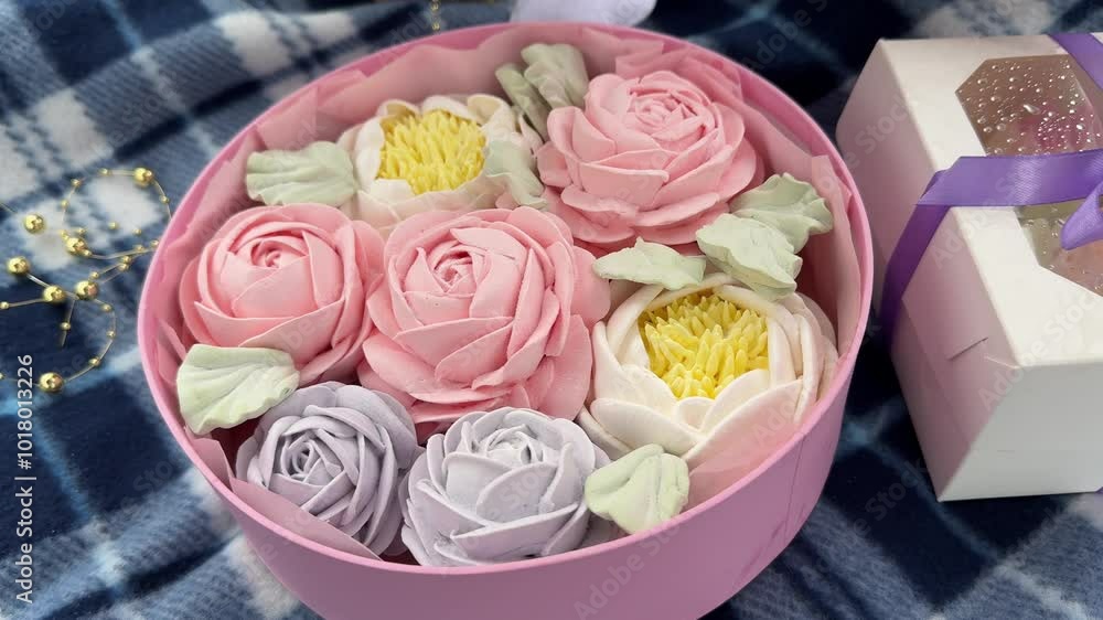 Cakes Marshmallow Sweets Video. Colored macaroons in the form of flowers. Beautiful delicious dessert Cakes Marshmallow Sweets Video. Colored macaroons in the form of flowers. Beautiful delicious dessert