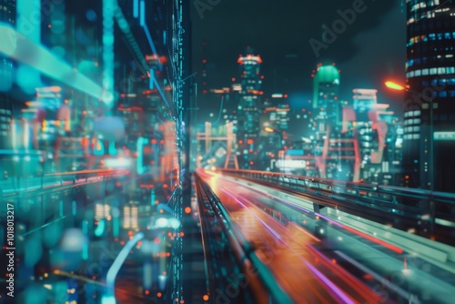 A futuristic night cityscape bursts into life, with dazzling lights and streaming colors creating an electrifying urban atmosphere.
