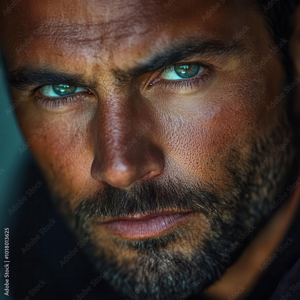 Obraz premium A striking portrait of a man with intense green eyes and a rugged beard, showcasing deep emotion and captivating features.