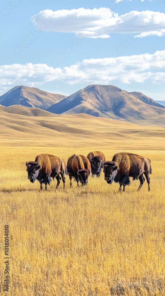 A herd of bison grazing in a golden grassland with mountains in the background. A herd of bison grazing in a golden grassland with mountains in the background.