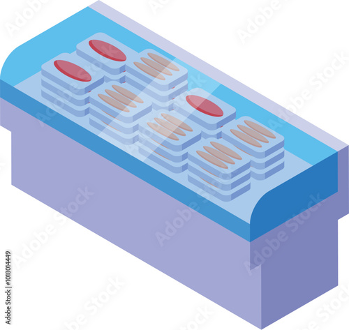 This vector illustration features a supermarket refrigerator, showcasing various frozen food packages in an isometric view
