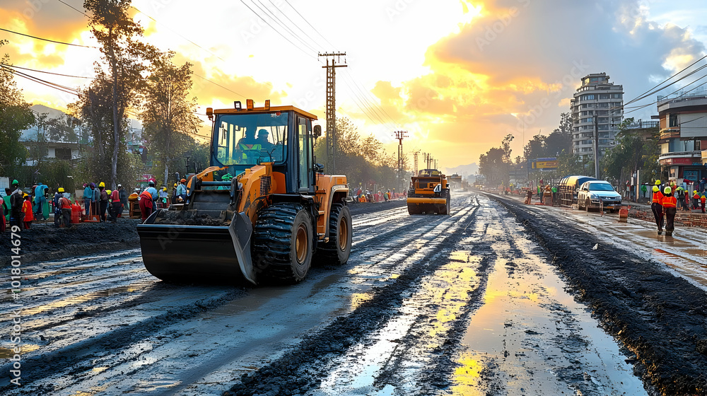 Construction scene with machinery working on a muddy road. Construction scene with machinery working on a muddy road.