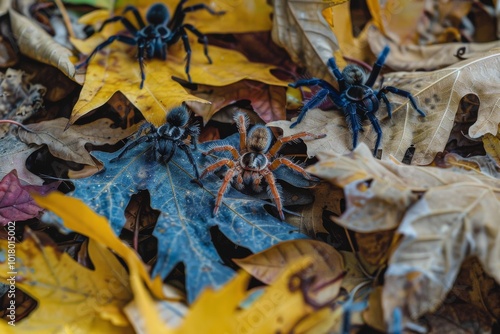 Vivid tarantulas traverse colorful autumn leaves, creating a striking contrast of arachnids against a vibrant fall backdrop. photo