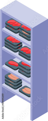 Isometric supermarket shelf displaying packaged fresh meat and sausages