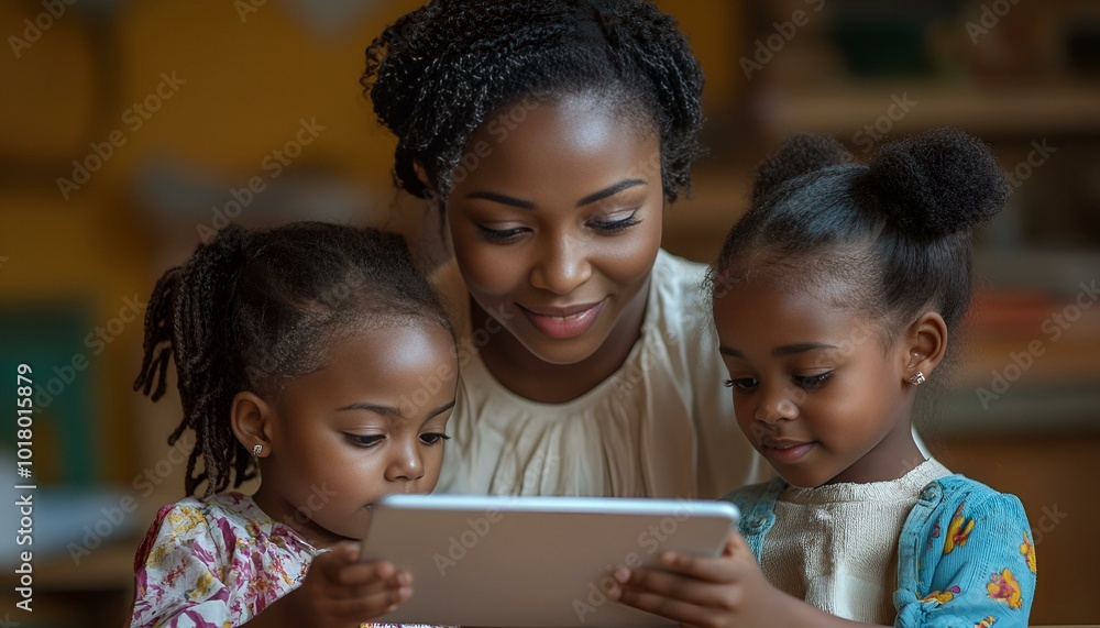 a person and two children looking at a tablet
a person and two children looking at a tablet