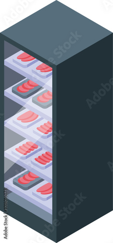 Vertical refrigerator keeping meat fresh for sale in a supermarket