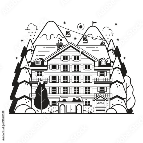 Mountain Ski Resort Concept Scene in Line Art