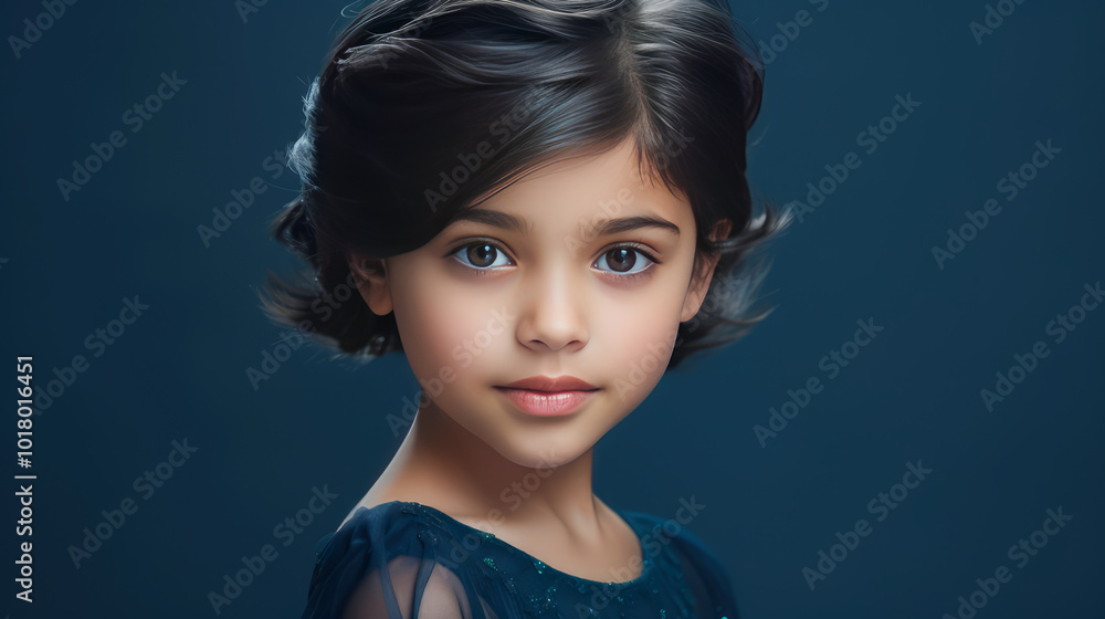 Portrait of smiling latin american girl child blue background. Portrait of smiling latin american girl child blue background.
