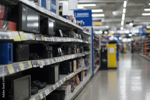 Discounted Electronics Display: A section of a store showcasing discounted electronics like TVs, laptops, and gaming consoles. Bright sale signs and banners emphasize the steep discounts. 