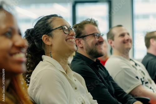 Enthusiastic audience members smile widely, captivated and engaged during an event in a bright, modern space.