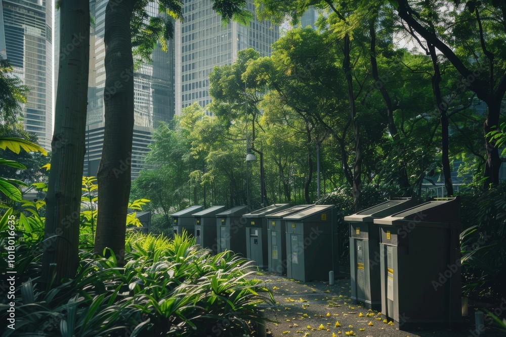 Tranquil path lined with small structures and lush trees, set against the backdrop of towering skyscrapers, creating an urban oasis. Tranquil path lined with small structures and lush trees, set against the backdrop of towering skyscrapers, creating an urban oasis.