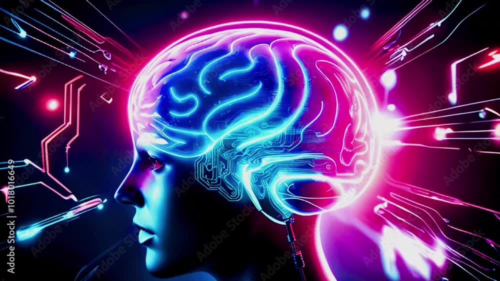 Neon glowing human head with brain and glowing circuit board. Neon glowing human head with brain and glowing circuit board.