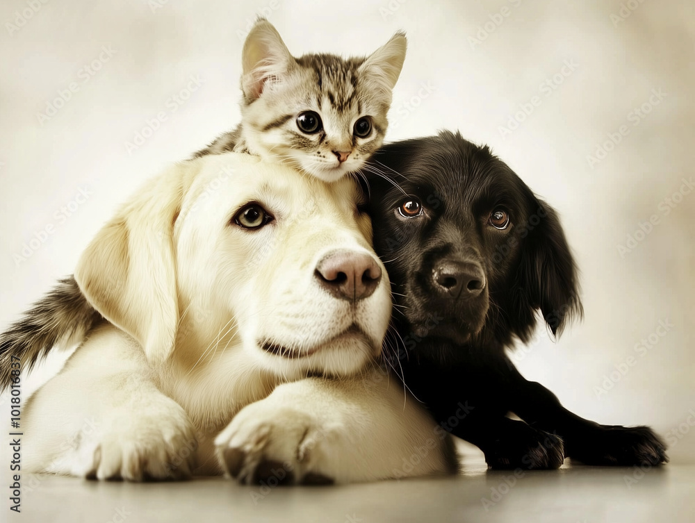 Cute yellow dog and black dog and tabby kitten best animal friends Cute yellow dog and black dog and tabby kitten best animal friends