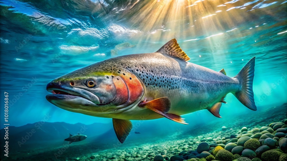 Fototapeta premium Underwater close-up of a salmon gliding through striking blue waters, highlighting the vibrant colors and dynamic movement of aquatic life in its