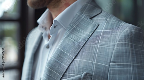 A closeup of a man's gray plaid jacket. photo