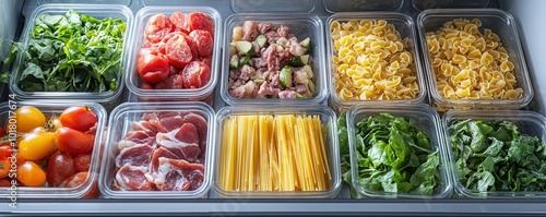 A variety of fresh ingredients arranged neatly in containers, showcasing colorful vegetables and pasta for healthy meal preparation.