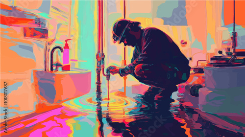 A vectorized colorful illustration of a man working with pipes in an industrial jungle, blending nature and machinery. Perfect for surreal and industrial designs.