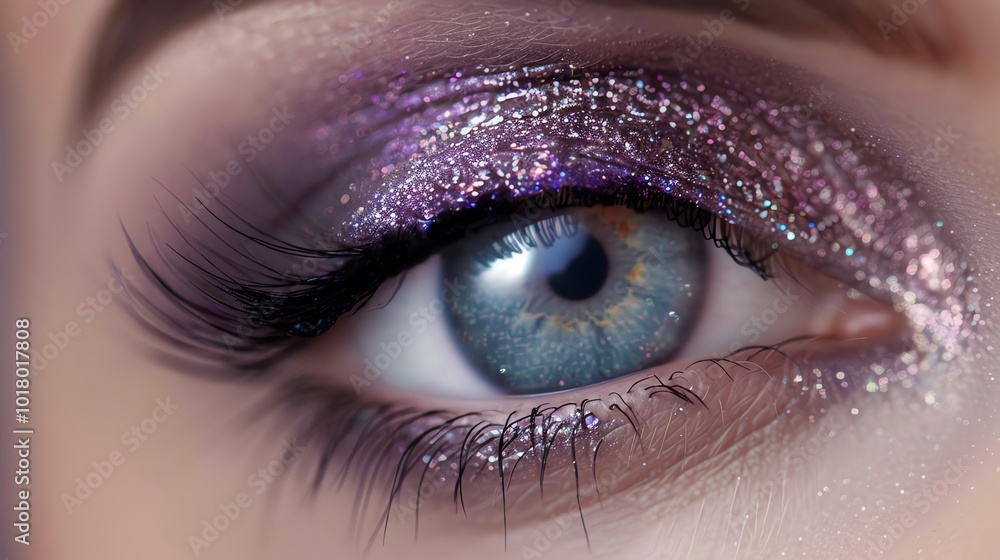 A closeup of a woman's eye with sparkly purple eyeshadow. A closeup of a woman's eye with sparkly purple eyeshadow.