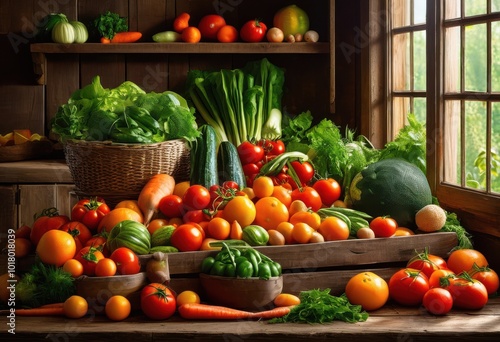 colorful plentiful farm fresh vegetable fruit display rustic wooden surface showcasing bounty seasonal harvest variety, arrangement, presentation, centerpiece