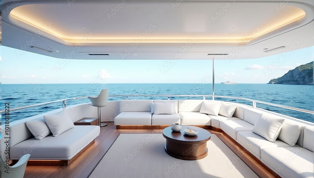 Fototapeta premium Luxurious modern yacht interior with white leather seating and ocean view from the ship