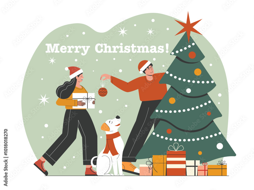 Family with Dog Decorating Christmas Tree Together